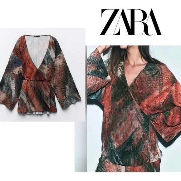 Zara multicolored abstract print pleated kimono sleeve wrap blouse top M NWOT - Picture 1 of 16